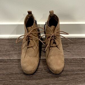 dv by dolce vita | tan suede wedge-heeled ankle booties